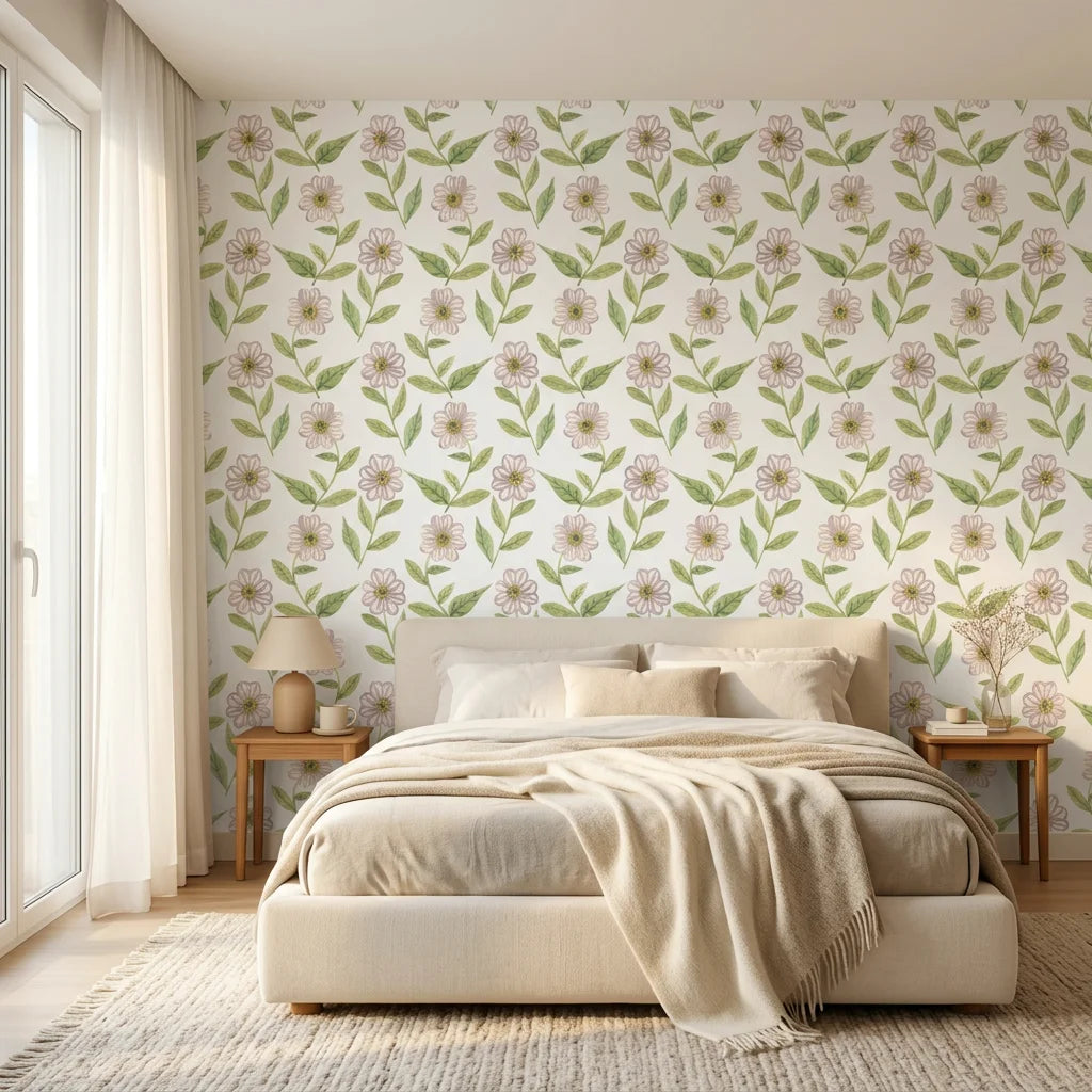 Smooth white, green, and blush floral peel and stick wallpaper - Blush Meadow