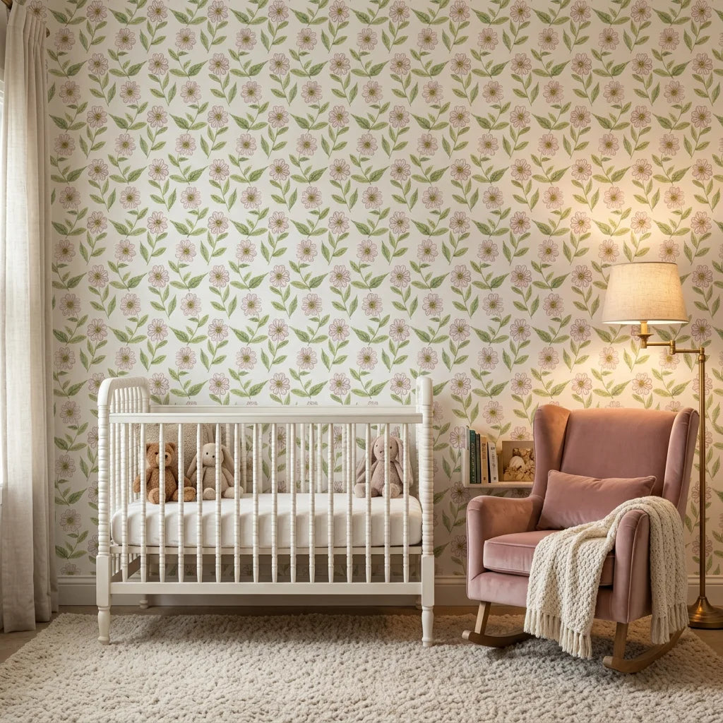 Blush Meadow soft white floral wallpaper in a warm and inviting living room
