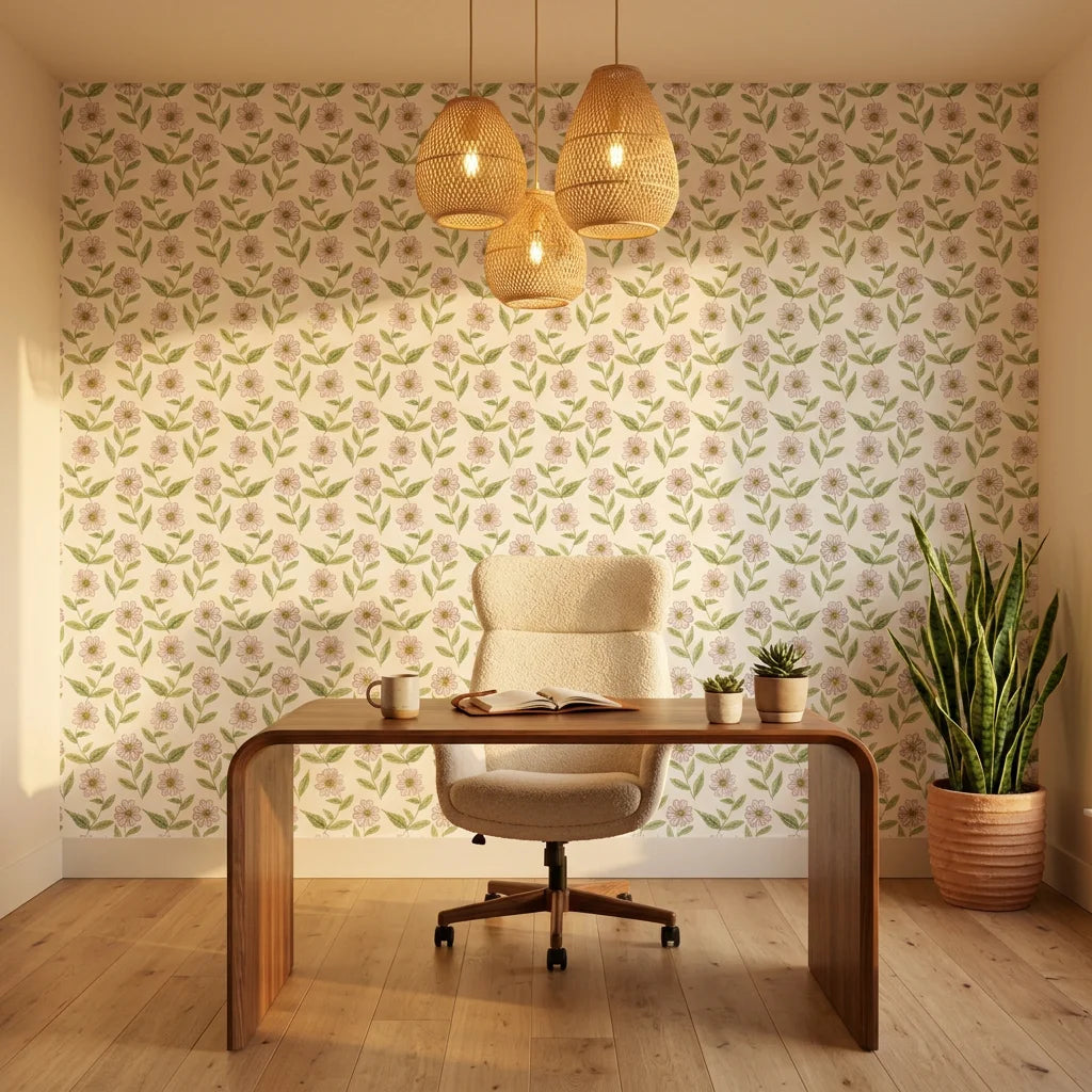 Blush Meadow soft white floral wallpaper adding character to a cozy bedroom