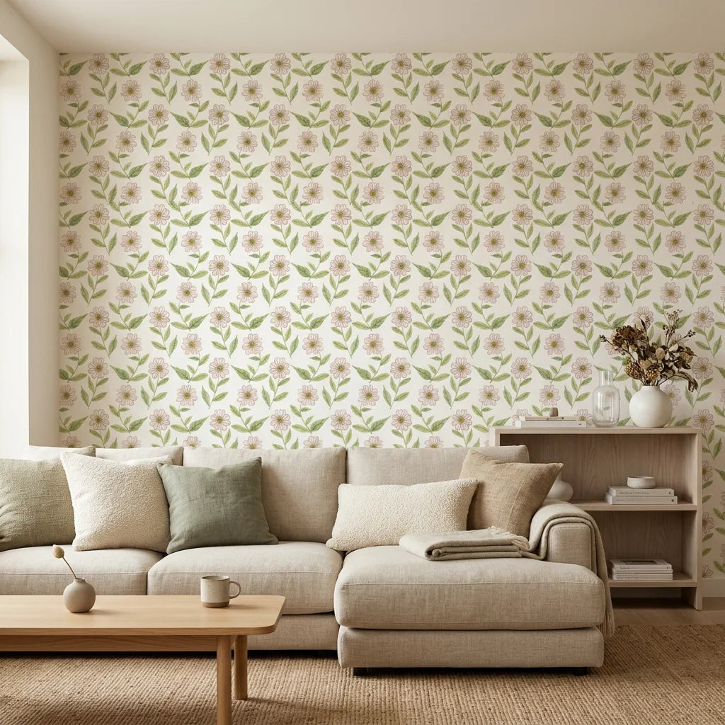 Blush Meadow soft white floral wallpaper as a feature wall in a bright home office