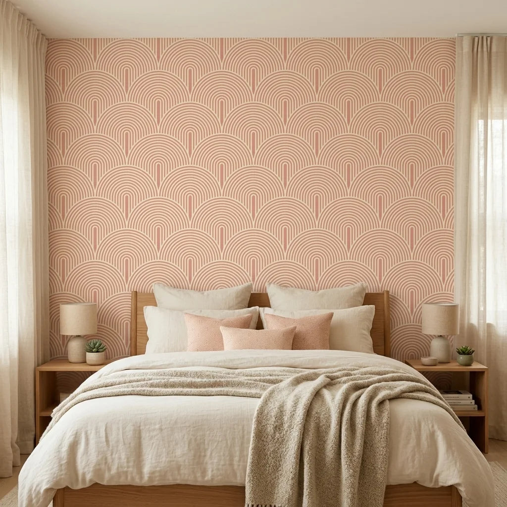 Blush Meander pink and cream retro stripe wallpaper creating ambiance in a serene bathroom