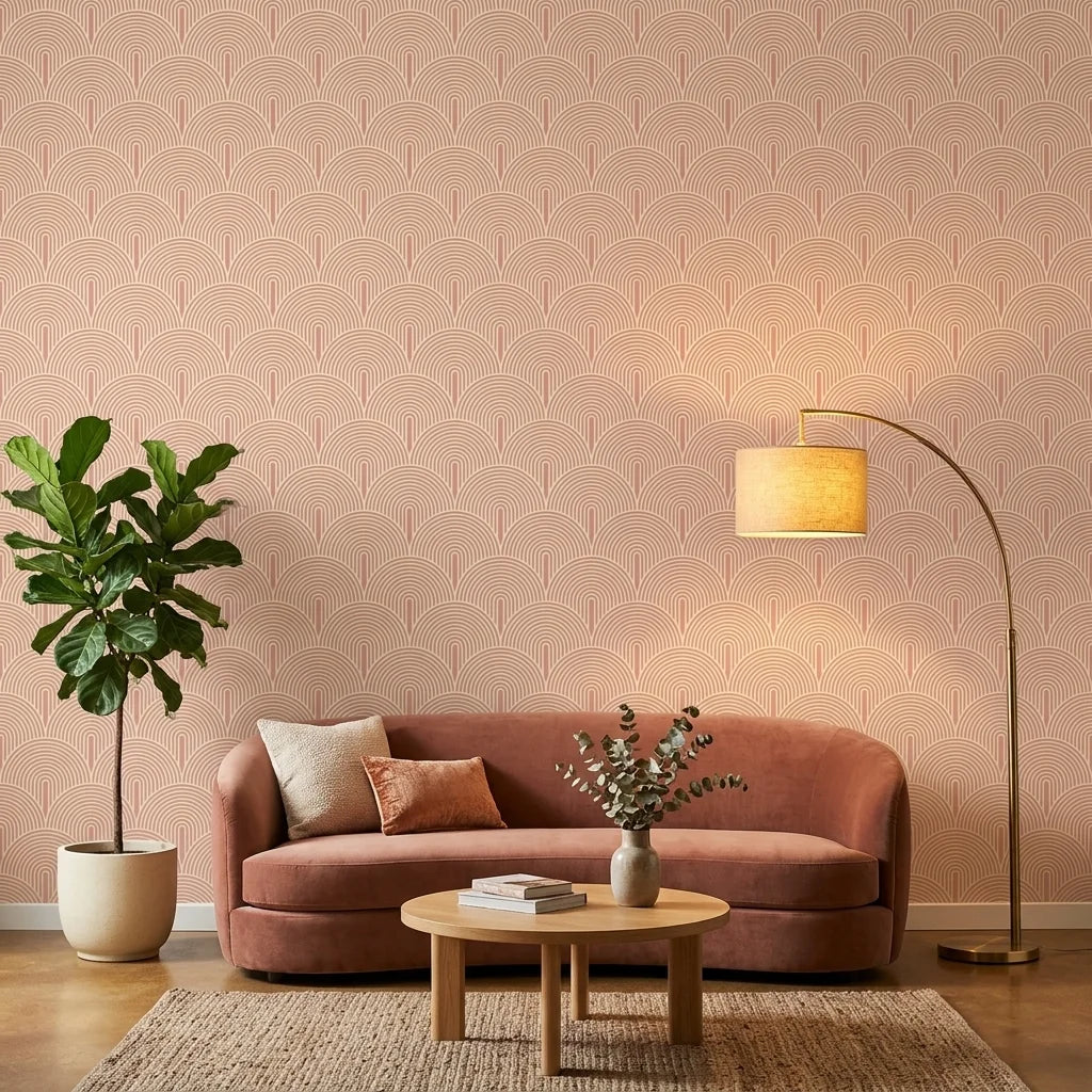Blush Meander pink and cream retro stripe wallpaper in a warm and inviting living room