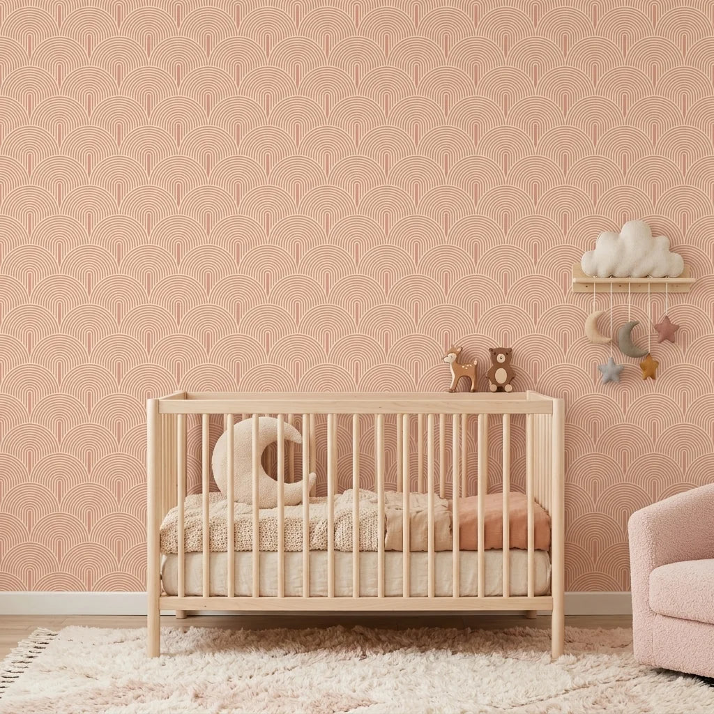 Blush Meander pink and cream retro stripe wallpaper adding character to a cozy bedroom
