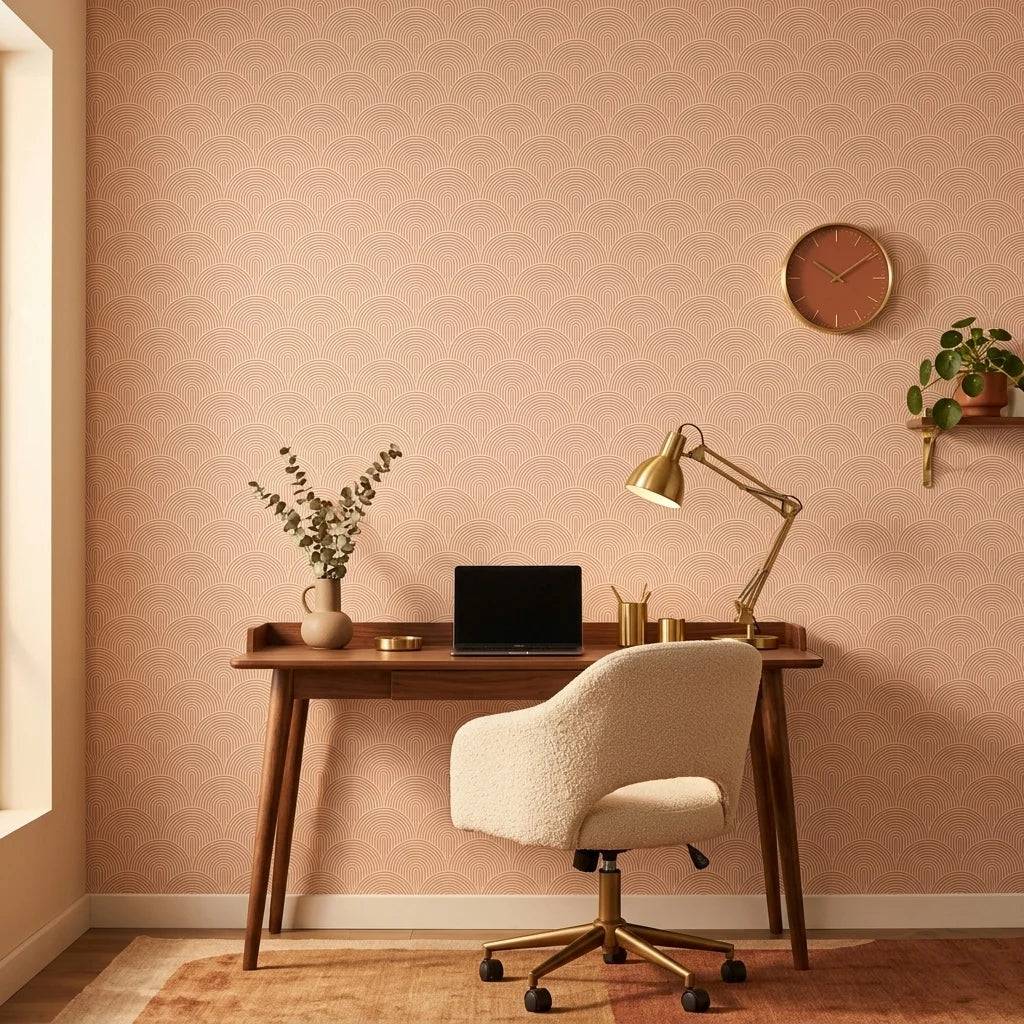 Blush Meander pink and cream retro stripe wallpaper as a feature wall in a bright home office