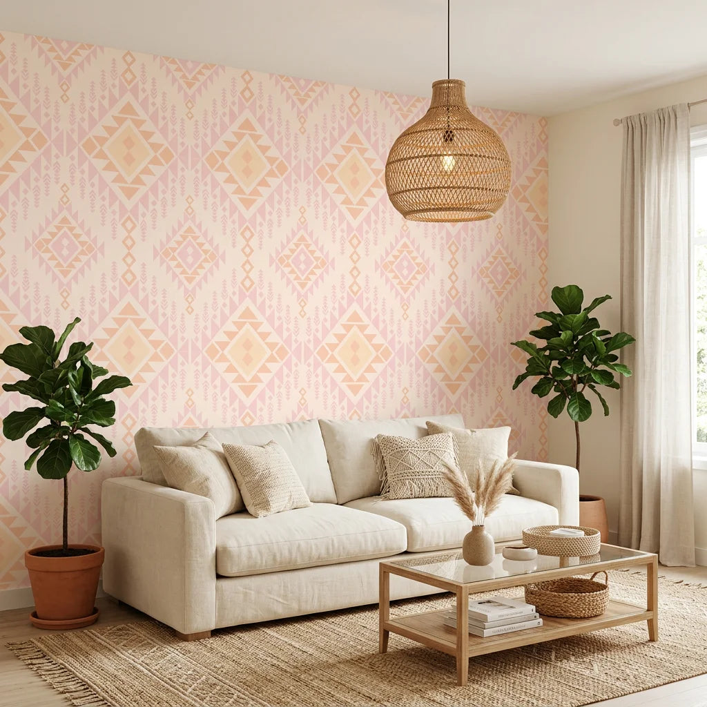 Blush Medallion blush pink aztec in a warm and inviting living room