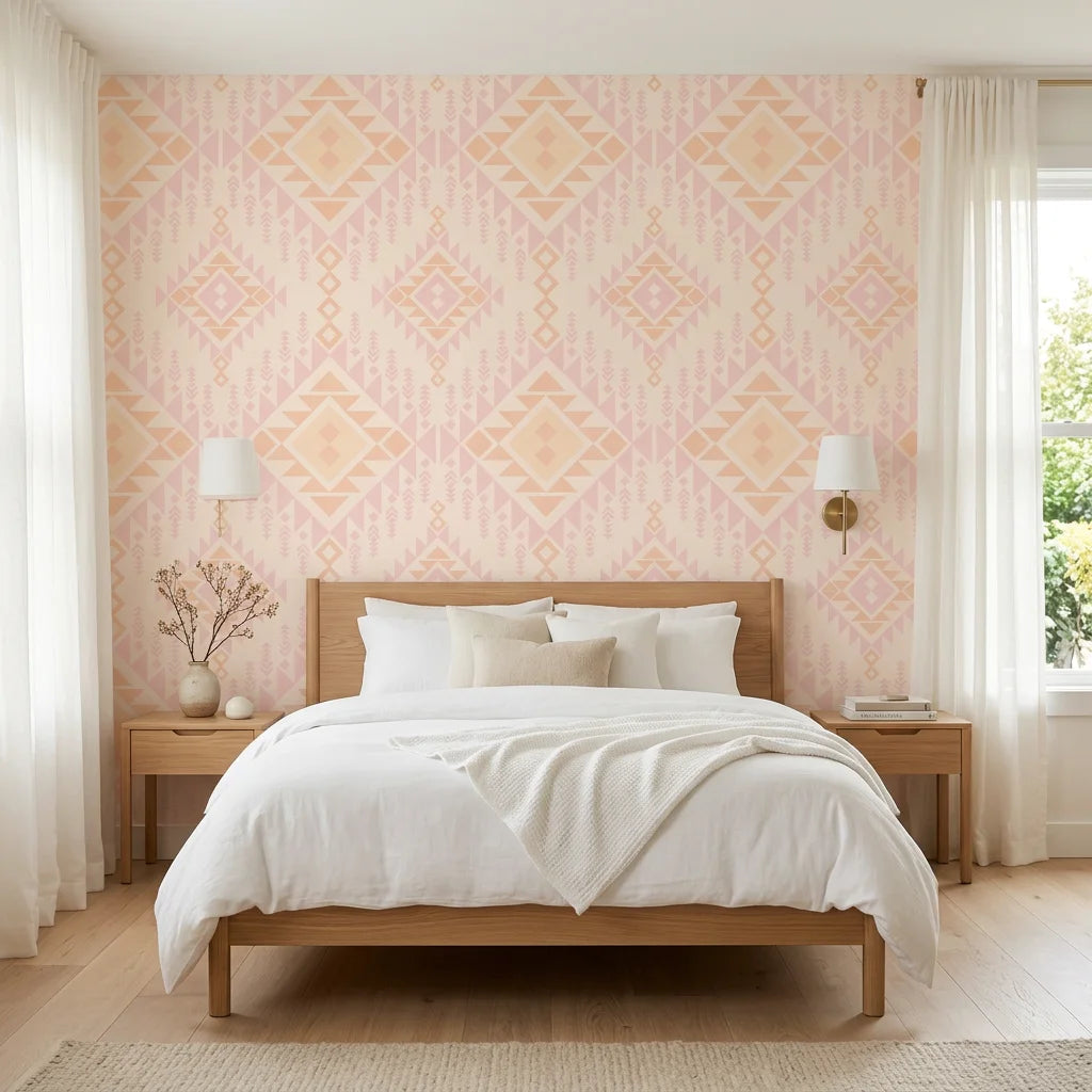 Blush Medallion blush pink aztec adding character to a cozy bedroom