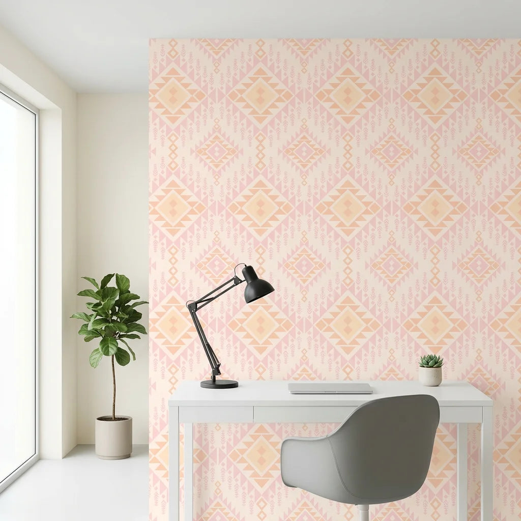 Blush Medallion blush pink aztec as a feature wall in a bright home office