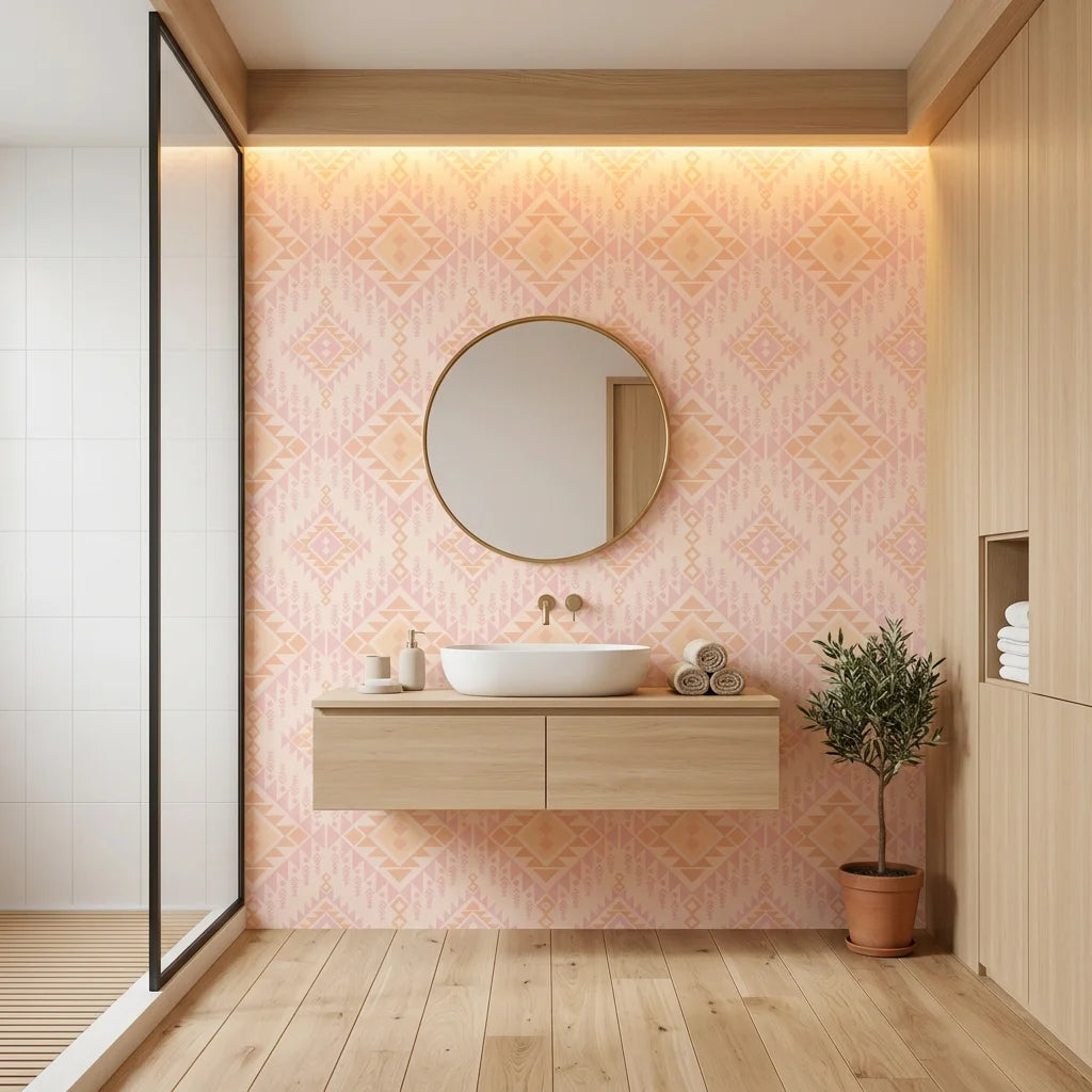 Blush Medallion blush pink aztec creating ambiance in a serene bathroom
