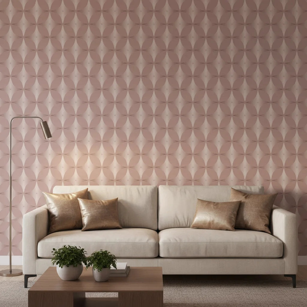 Blush Prism dusty rose art deco wallpaper in a warm and inviting living room