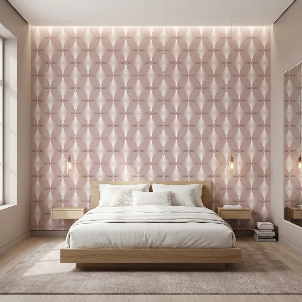 Blush Prism dusty rose art deco wallpaper adding character to a cozy bedroom