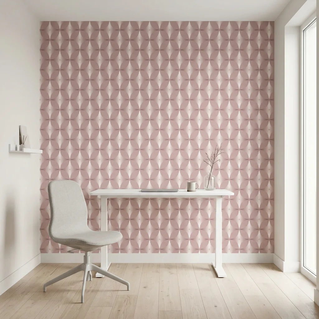 Blush Prism dusty rose art deco wallpaper as a feature wall in a bright home office