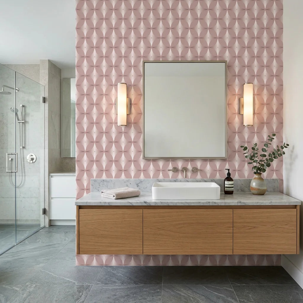 Blush Prism dusty rose art deco wallpaper creating ambiance in a serene bathroom