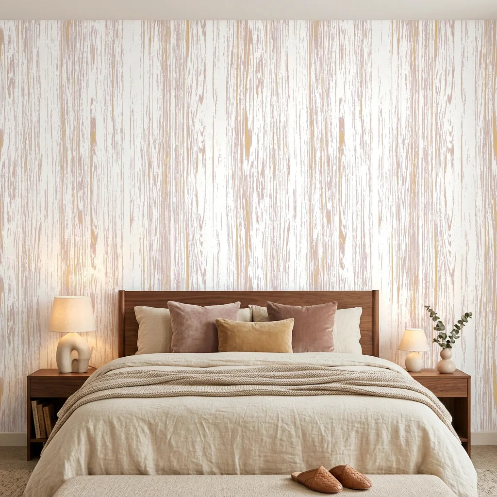 Blush Rainfall pale pink woodgrain wallpaper in a warm and inviting living room