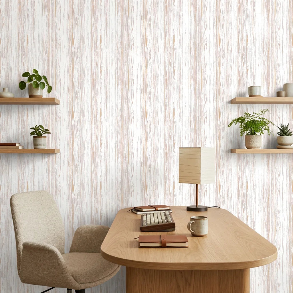 Blush Rainfall pale pink woodgrain wallpaper adding character to a cozy bedroom