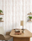 Blush Rainfall pale pink woodgrain wallpaper adding character to a cozy bedroom