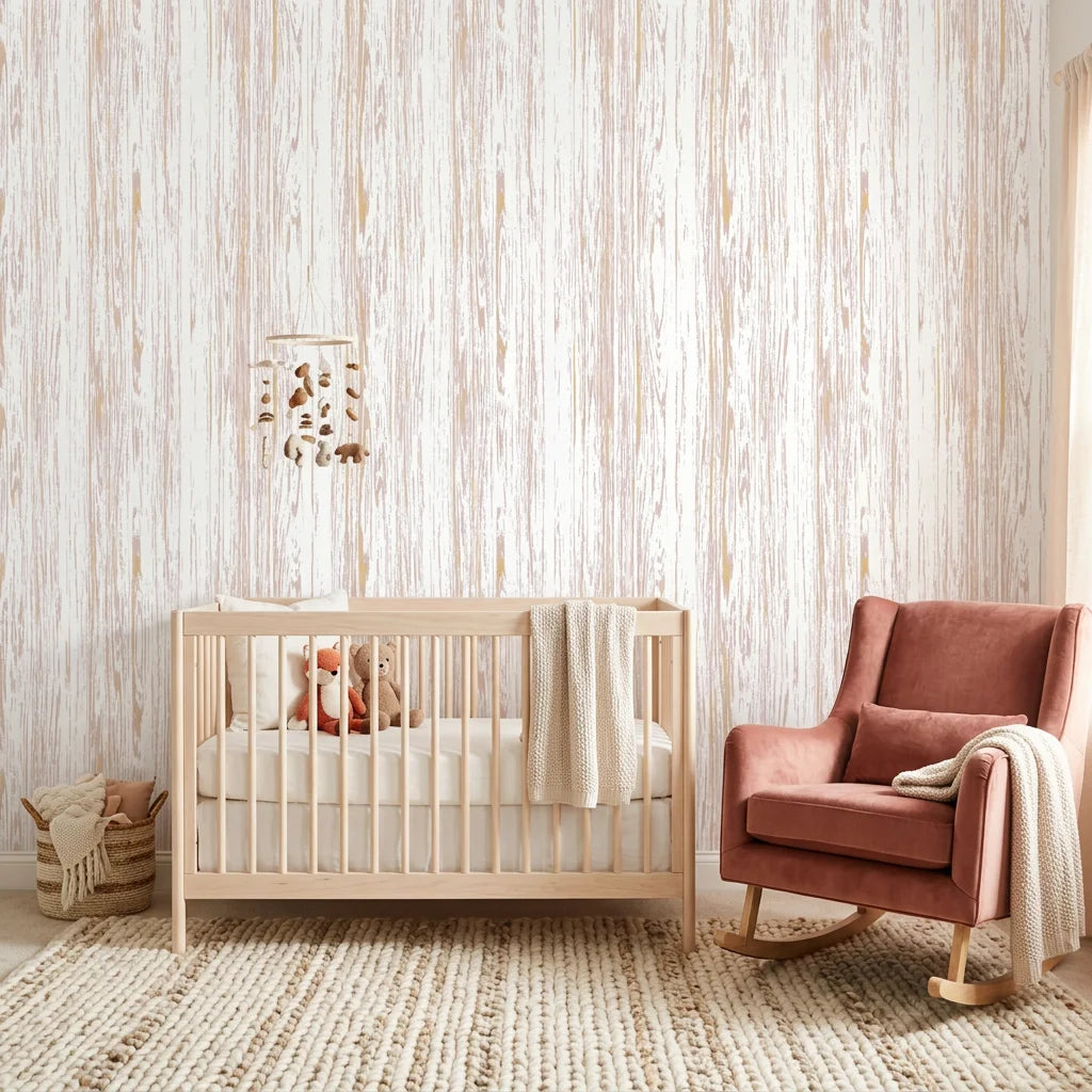 Blush Rainfall pale pink woodgrain wallpaper as a feature wall in a bright home office