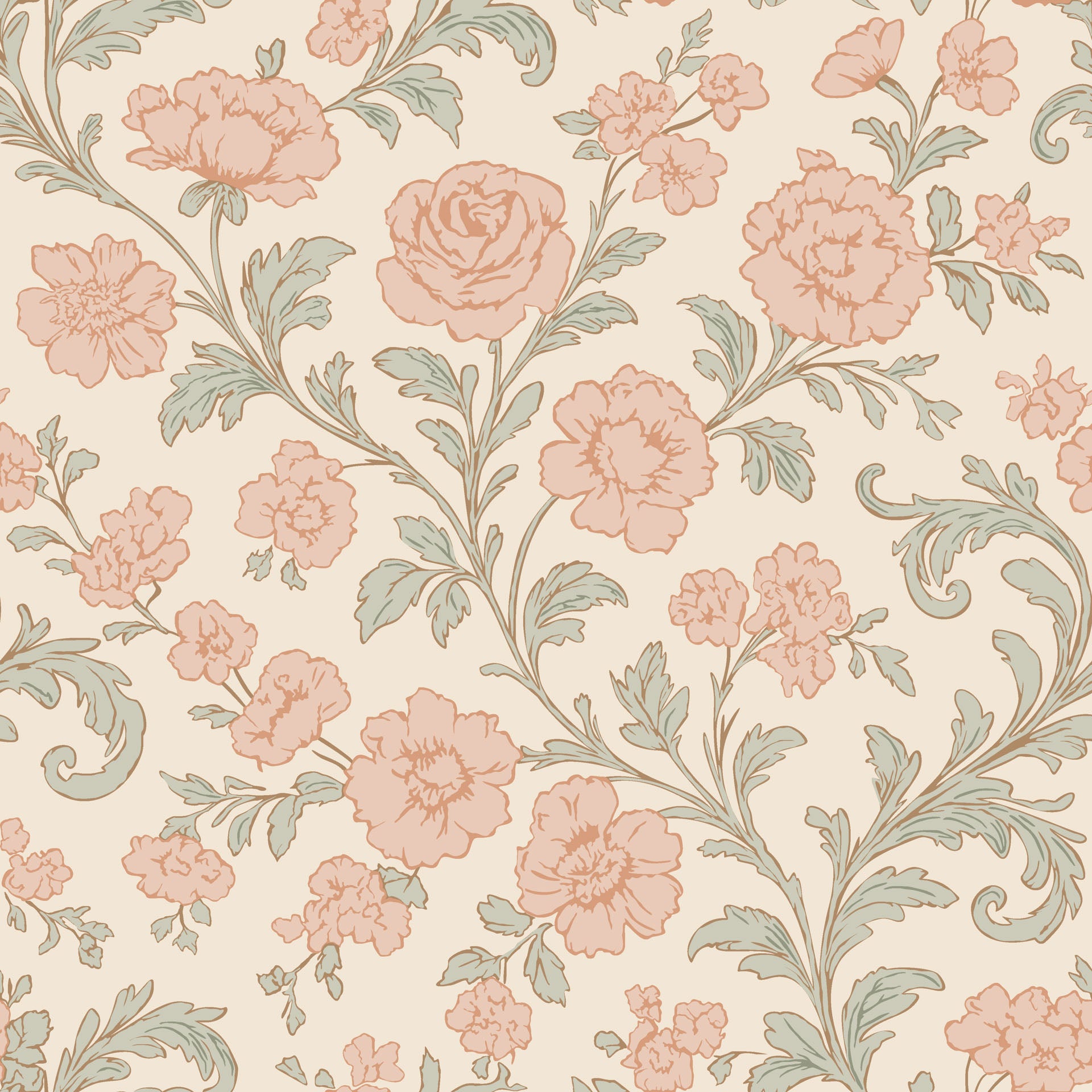 Vintage peel and stick wallpaper featuring a pink rose and sage green floral pattern, titled Blush Serenade