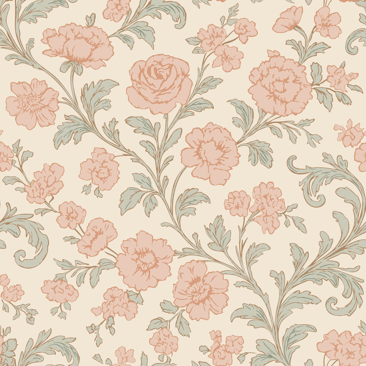 Blush Serenade vintage pink and sage floral damask wallpaper