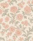 Vintage peel and stick wallpaper featuring a pink rose and sage green floral pattern, titled Blush Serenade
