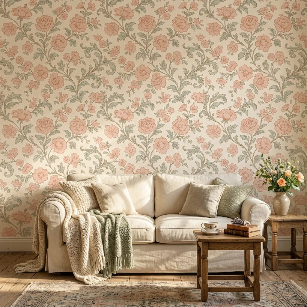 Blush Serenade vintage pink and sage floral damask wallpaper in a warm and inviting living room