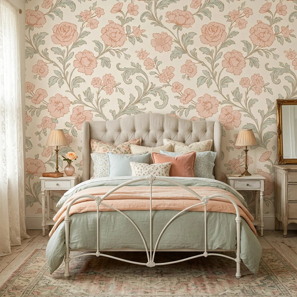 Blush Serenade vintage pink and sage floral damask wallpaper adding character to a cozy bedroom