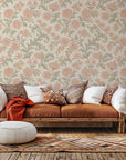 Self-adhesive wallpaper featuring a retro botanical pattern of soft pink roses and muted sage greenery