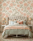 Blush Serenade vintage pink and sage floral damask wallpaper adding character to a cozy bedroom