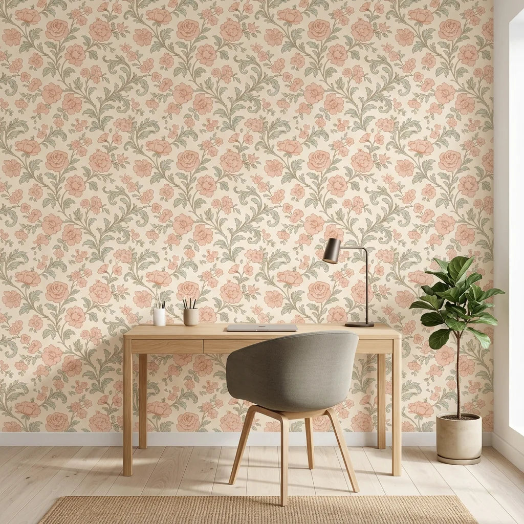 Blush Serenade vintage pink and sage floral damask wallpaper as a feature wall in a bright home office
