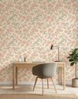 Blush Serenade vintage pink and sage floral damask wallpaper as a feature wall in a bright home office