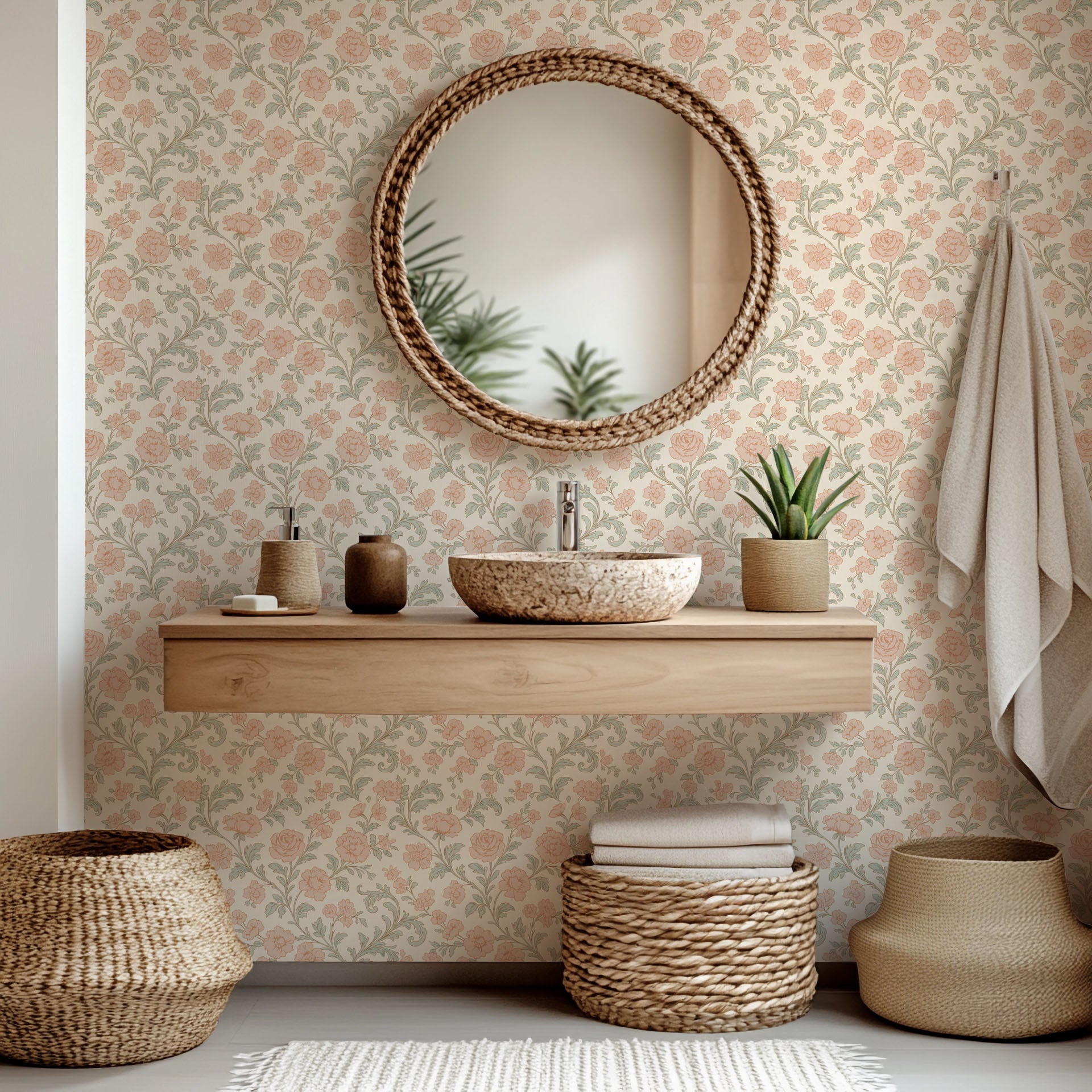 Removable wall covering featuring blush pink roses and sage foliage in a classic, vintage design – Blush Serenade