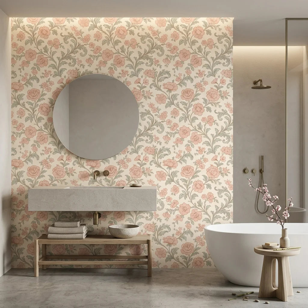 Blush Serenade vintage pink and sage floral damask wallpaper creating ambiance in a serene bathroom