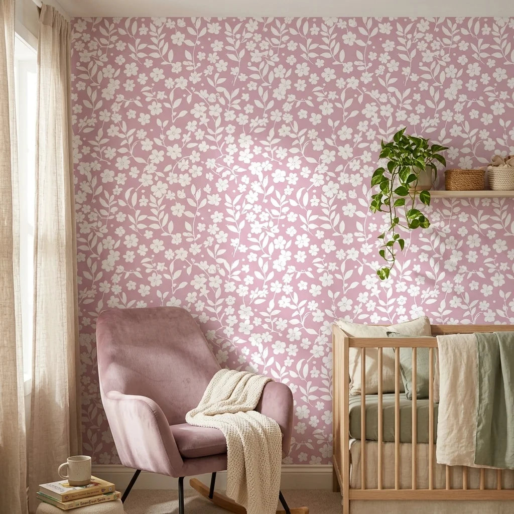 Blush Silhouette pink floral peel and stick wallpaper in a warm and inviting living room