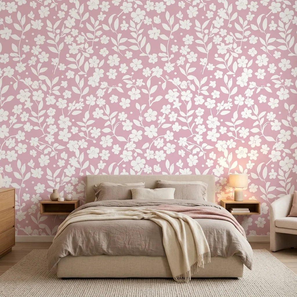 Blush Silhouette pink floral peel and stick wallpaper adding character to a cozy bedroom