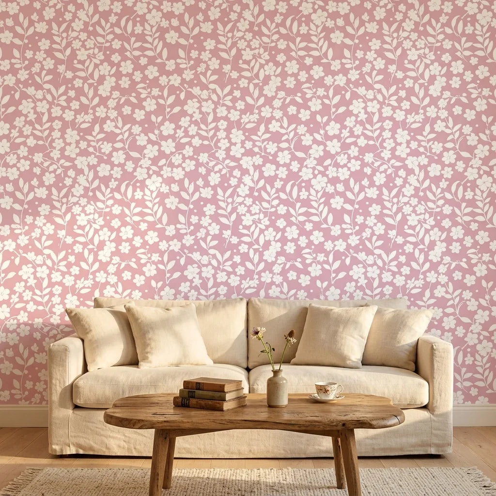 Blush Silhouette pink floral peel and stick wallpaper as a feature wall in a bright home office