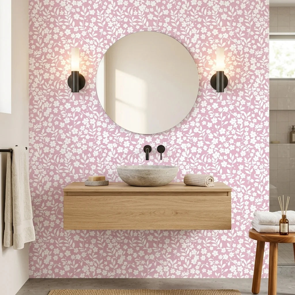 Blush Silhouette pink floral peel and stick wallpaper creating ambiance in a serene bathroom