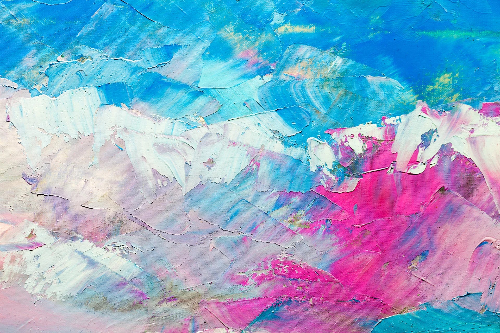 Blush Surge pink and blue impasto abstract wallpaper creating ambiance in a serene bathroom