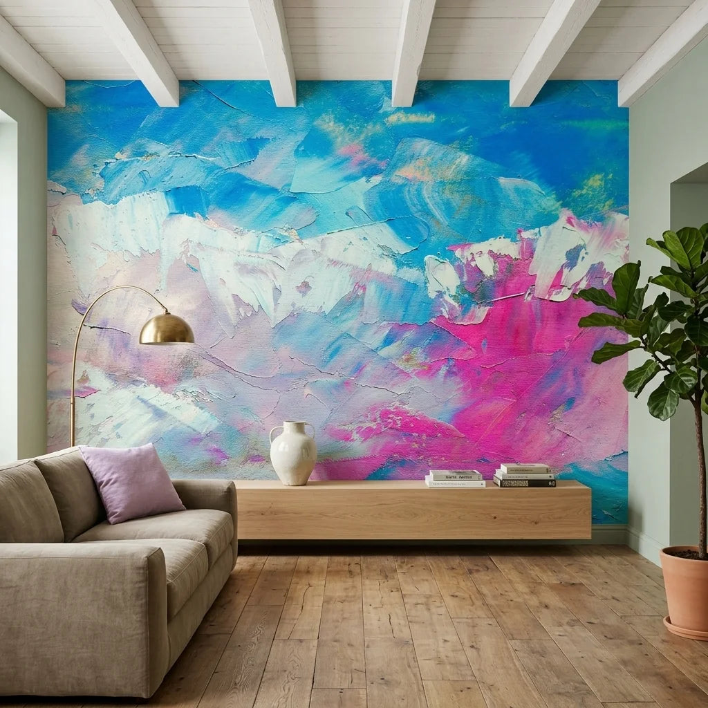 Textured pink and blue impasto abstract peel and stick wallpaper - Blush Surge
