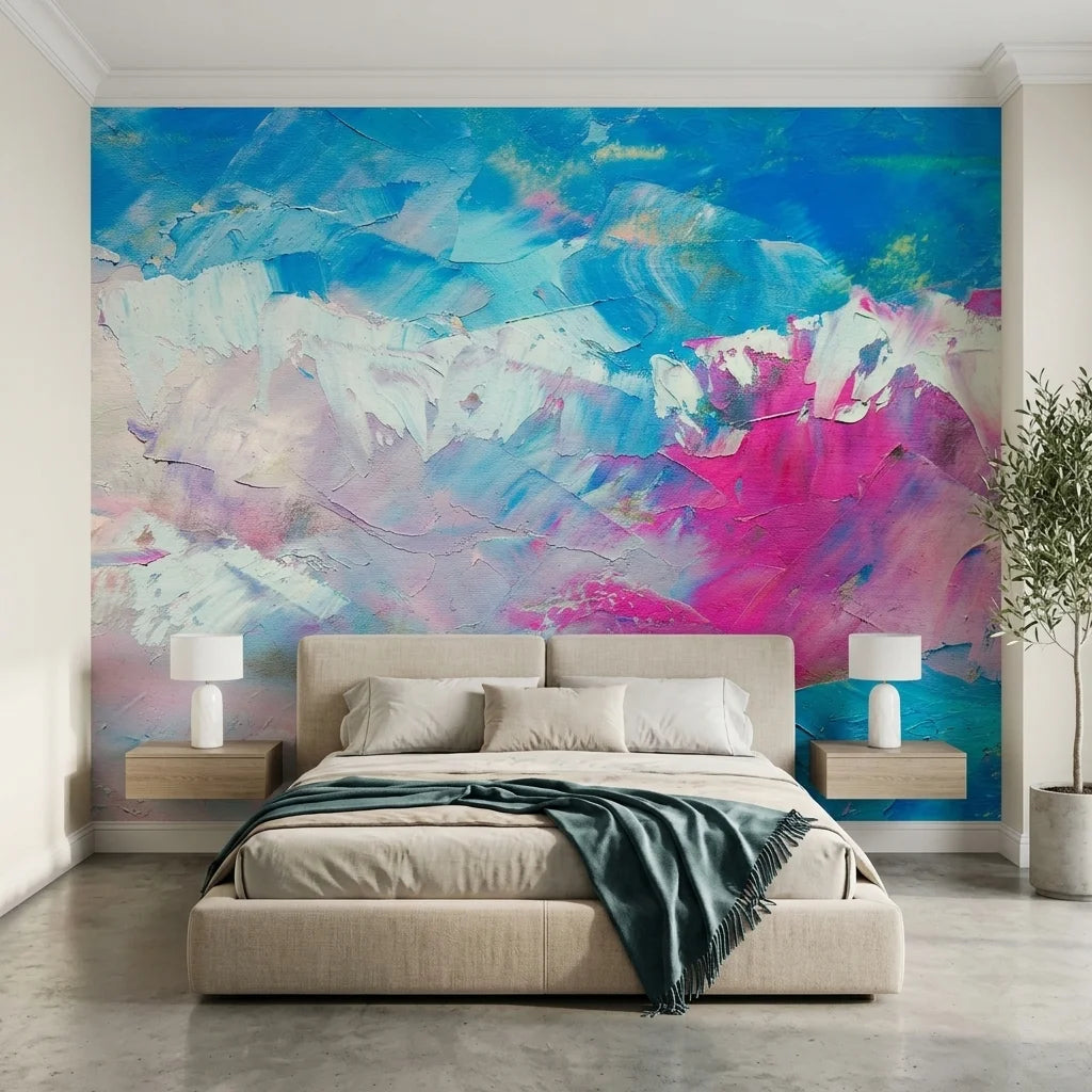 Blush Surge pink and blue impasto abstract wallpaper in a warm and inviting living room