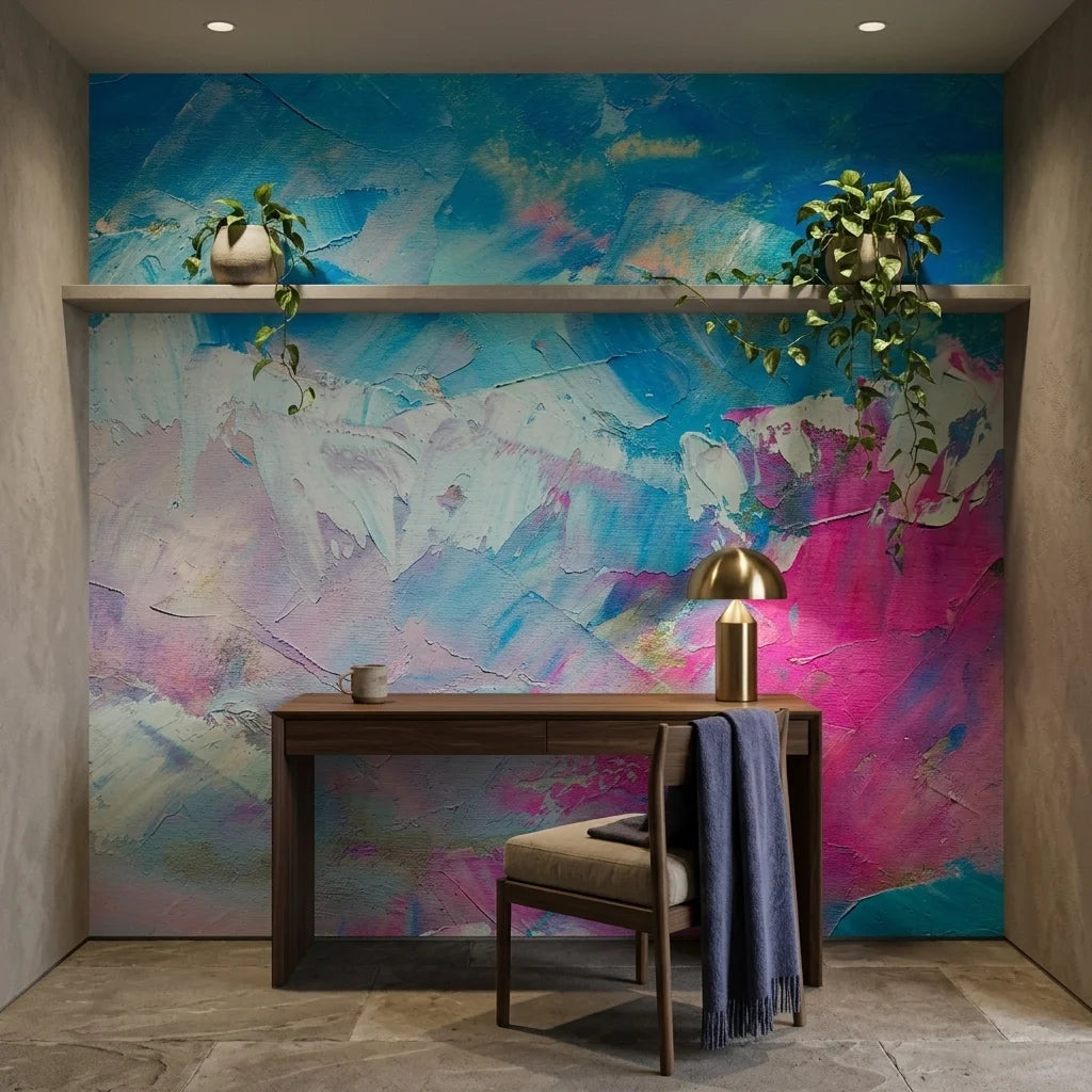 Blush Surge pink and blue impasto abstract wallpaper adding character to a cozy bedroom