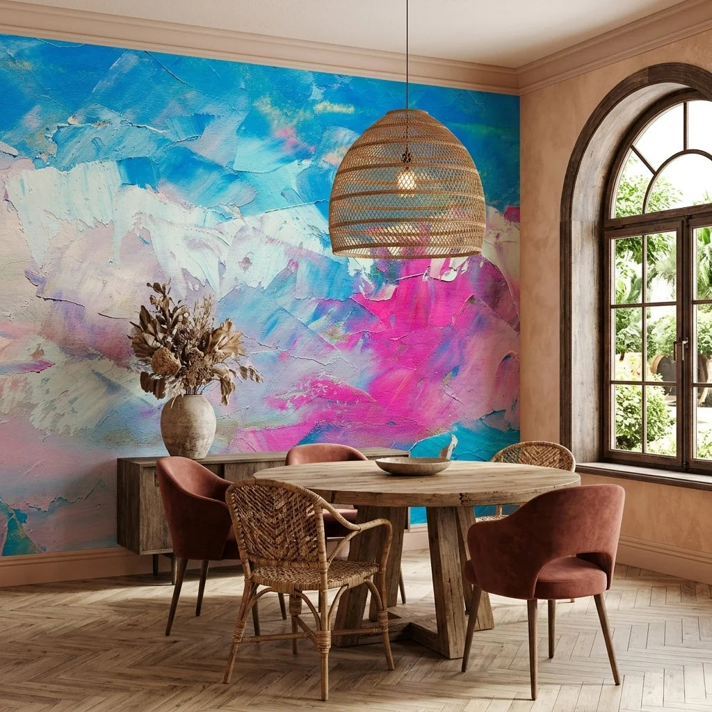 Blush Surge pink and blue impasto abstract wallpaper as a feature wall in a bright home office