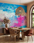 Blush Surge pink and blue impasto abstract wallpaper as a feature wall in a bright home office