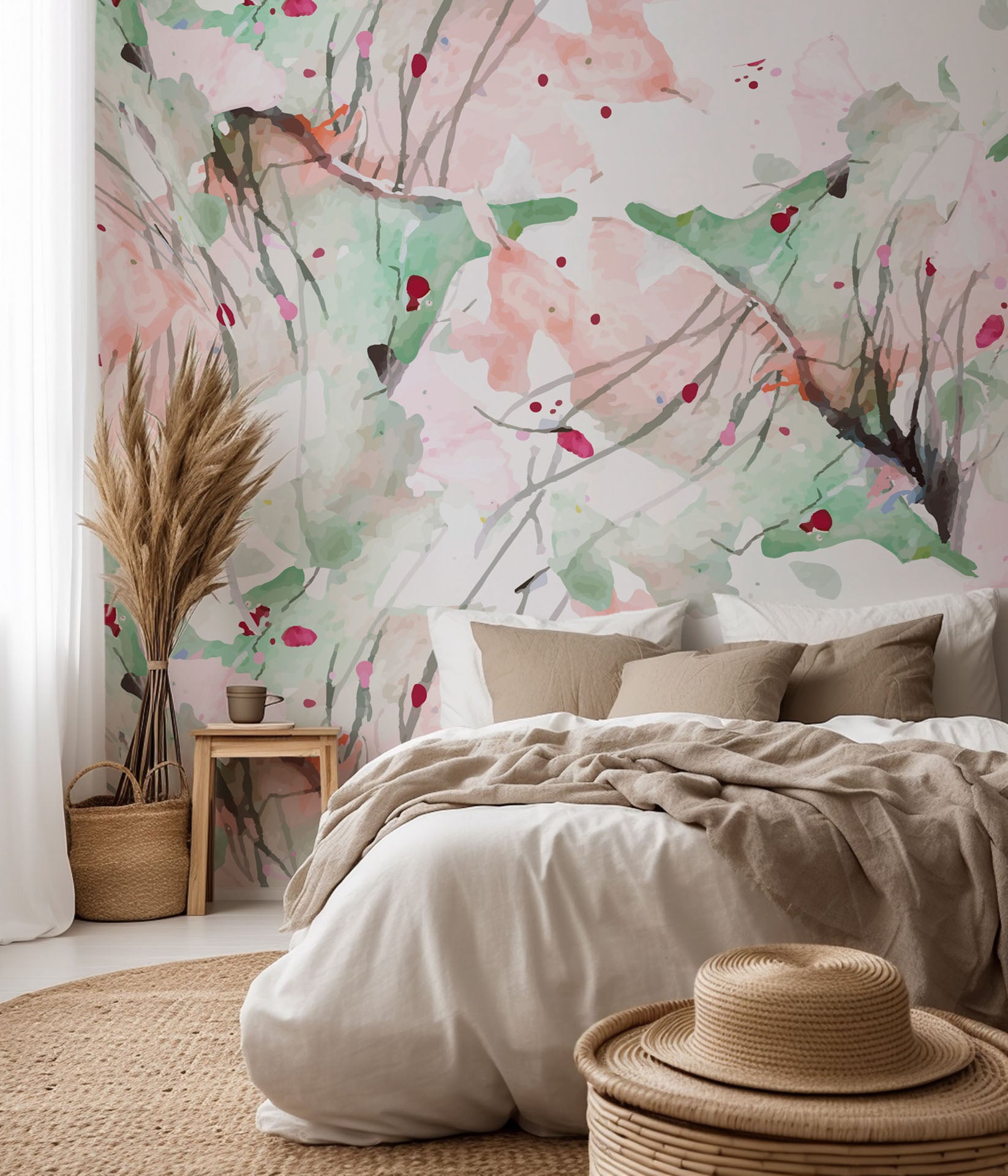 A watercolor wall covering featuring abstract splotches of pink and green hues, titled Blush Thicket