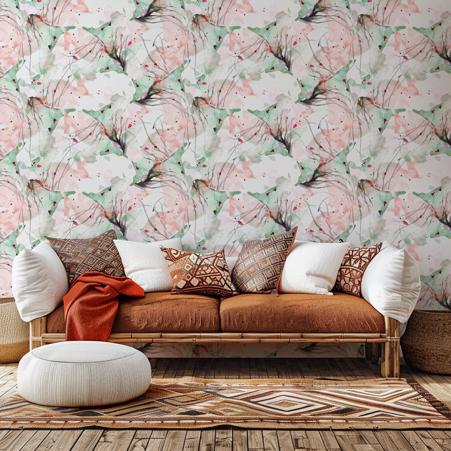 Watercolor wall covering featuring abstract pink and green paint splatters - Blush Thicket
