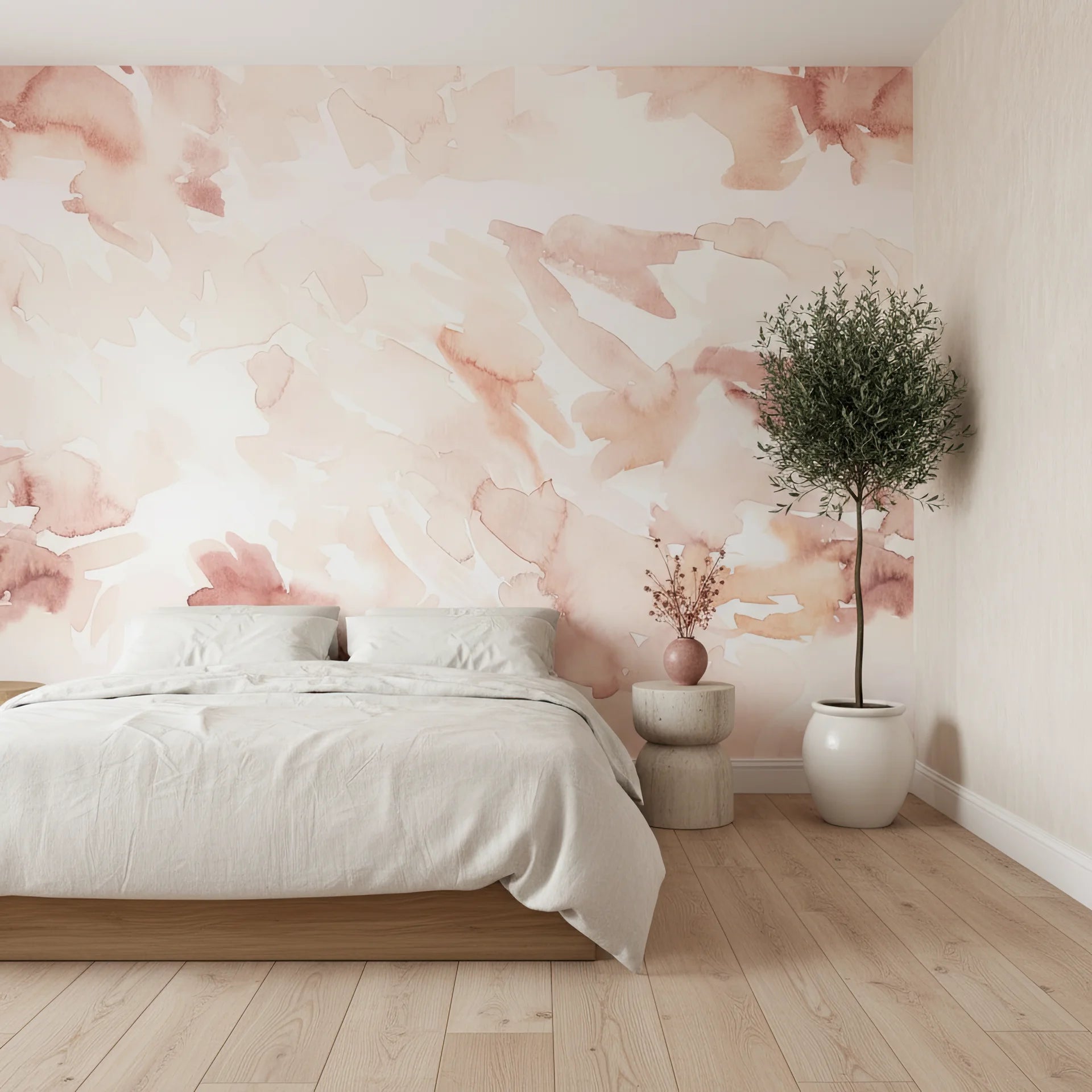 Soft pink watercolor peel and stick wallpaper with flowing design