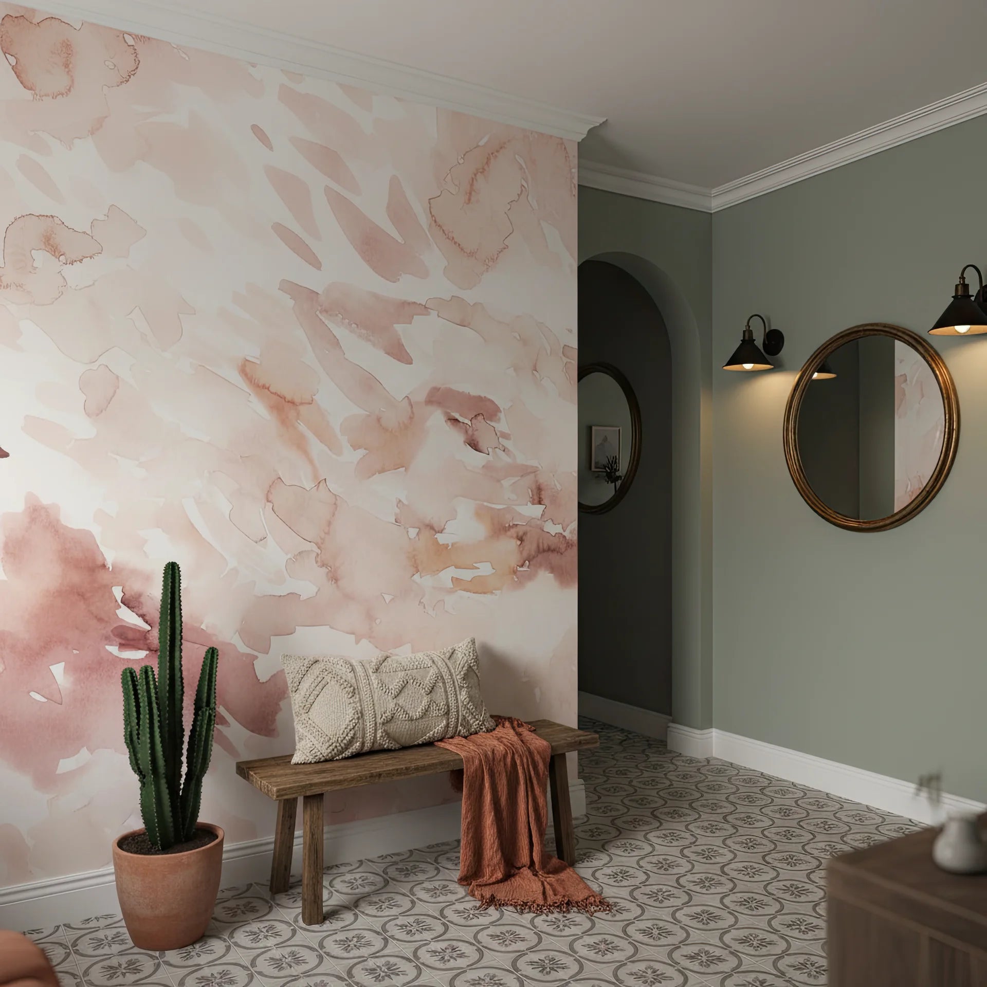 Watercolor blush pink wallpaper sample with subtle color transitions