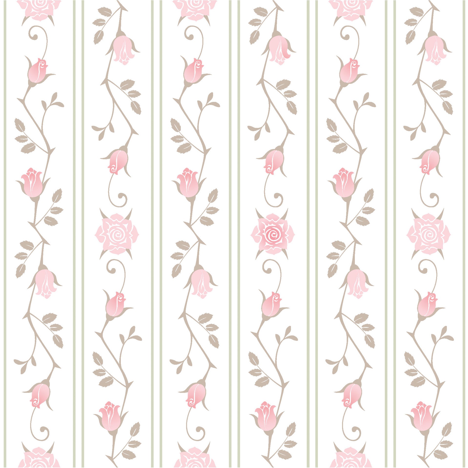 Vintage floral stripe wallpaper with soft pink roses and taupe vines arranged in elegant vertical columns on a warm white background.