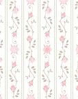Vintage floral stripe wallpaper with soft pink roses and taupe vines arranged in elegant vertical columns on a warm white background.
