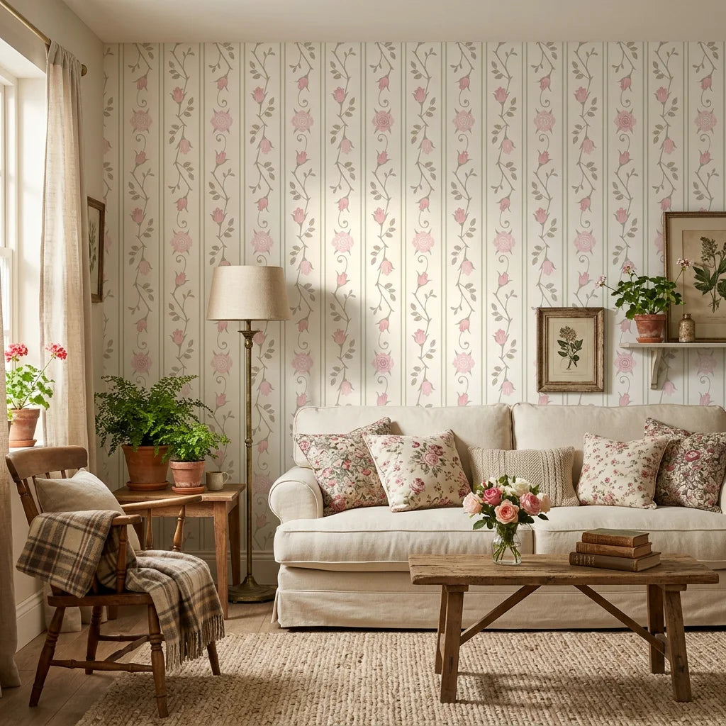 Blush Trellis soft pink roses on warm white in a warm and inviting living room