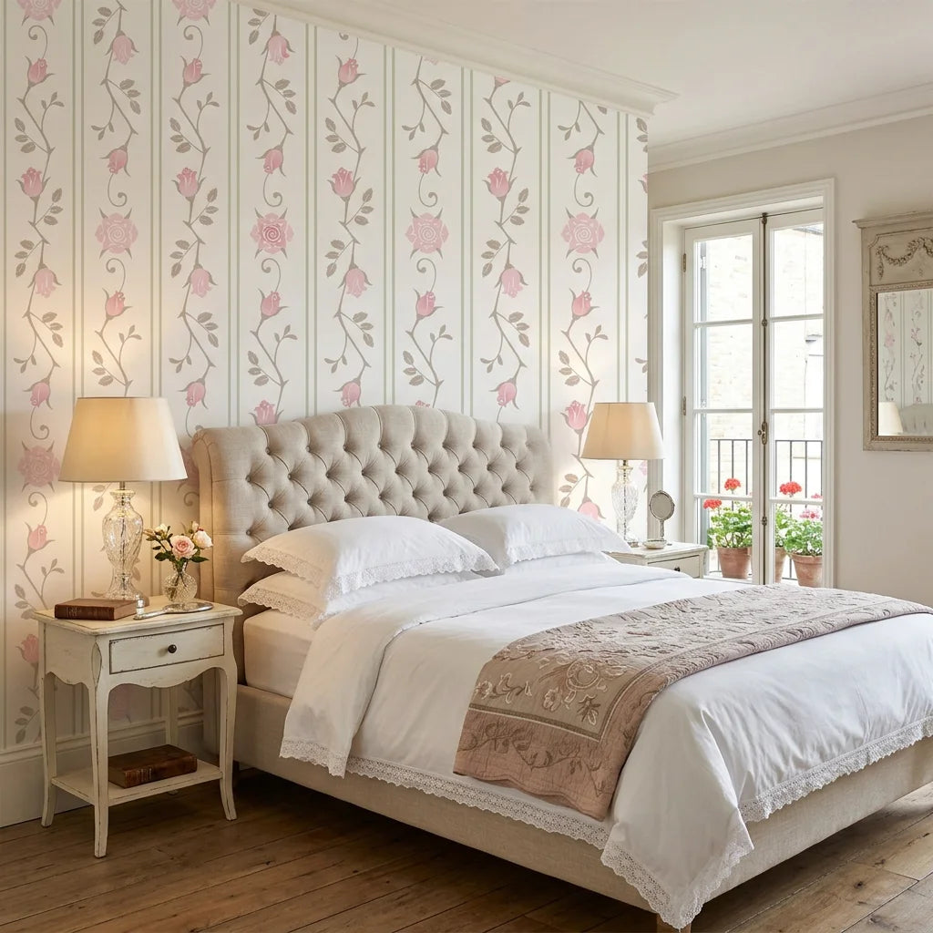 Blush Trellis soft pink roses on warm white adding character to a cozy bedroom