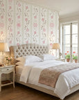 Blush Trellis soft pink roses on warm white adding character to a cozy bedroom
